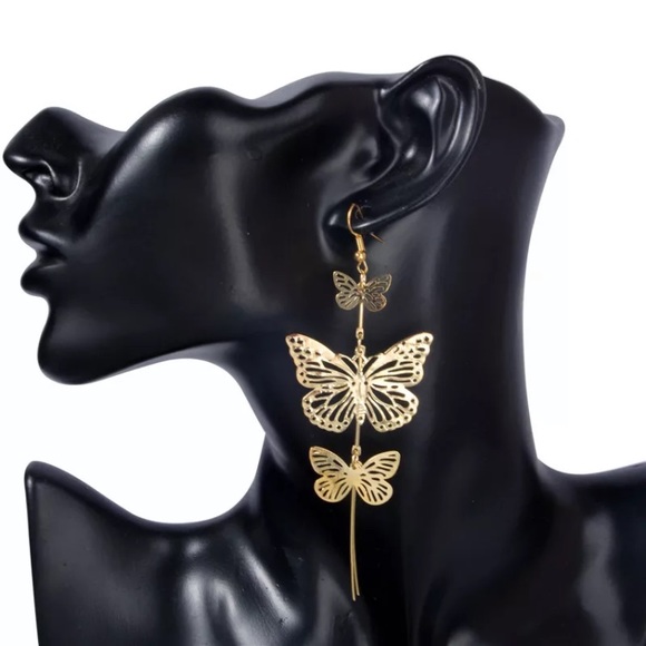 Gold Long Butterflies Earrings - Picture 2 of 4